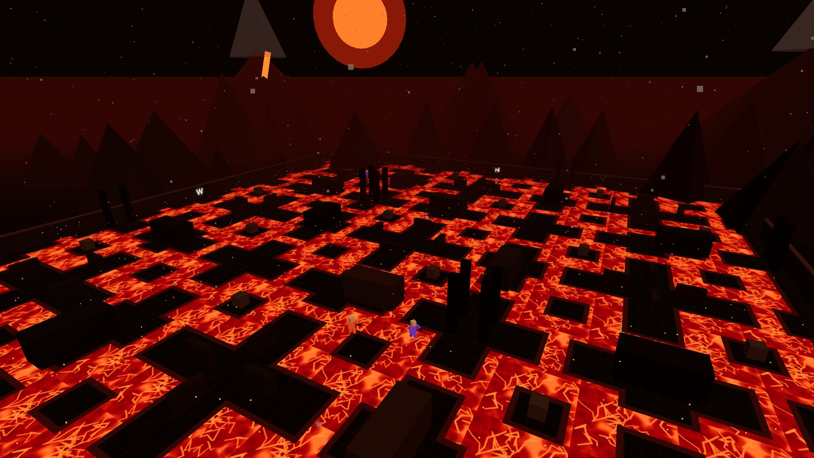 The Floor is Lava arena: black stone walkways crossing glowing orange lava, with blocky players taking cover under an erupting volcano.