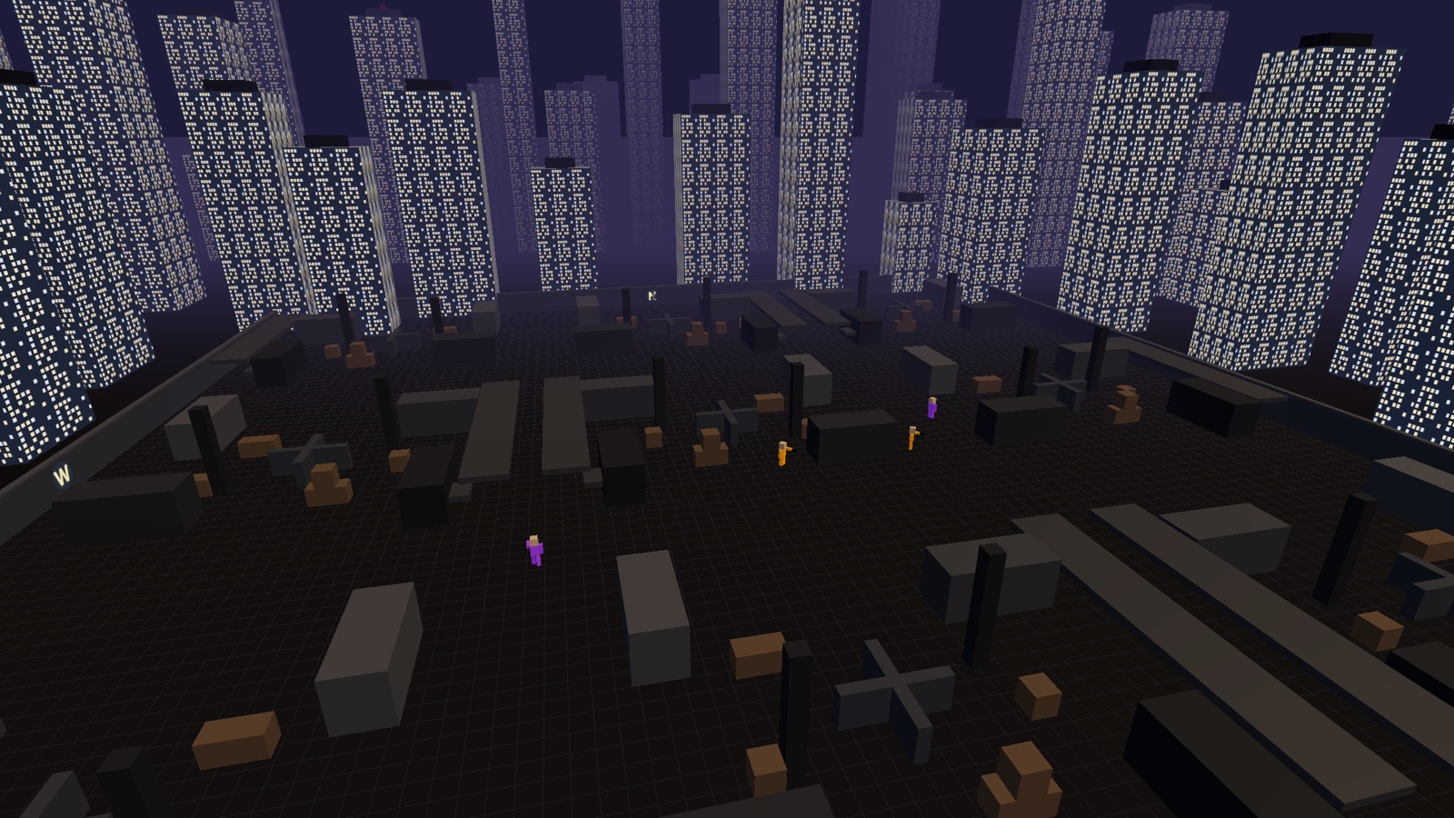 New York arena: a dark city block of shipping containers and crates, ringed by tall skyscrapers with thousands of lit windows against a purple night sky.