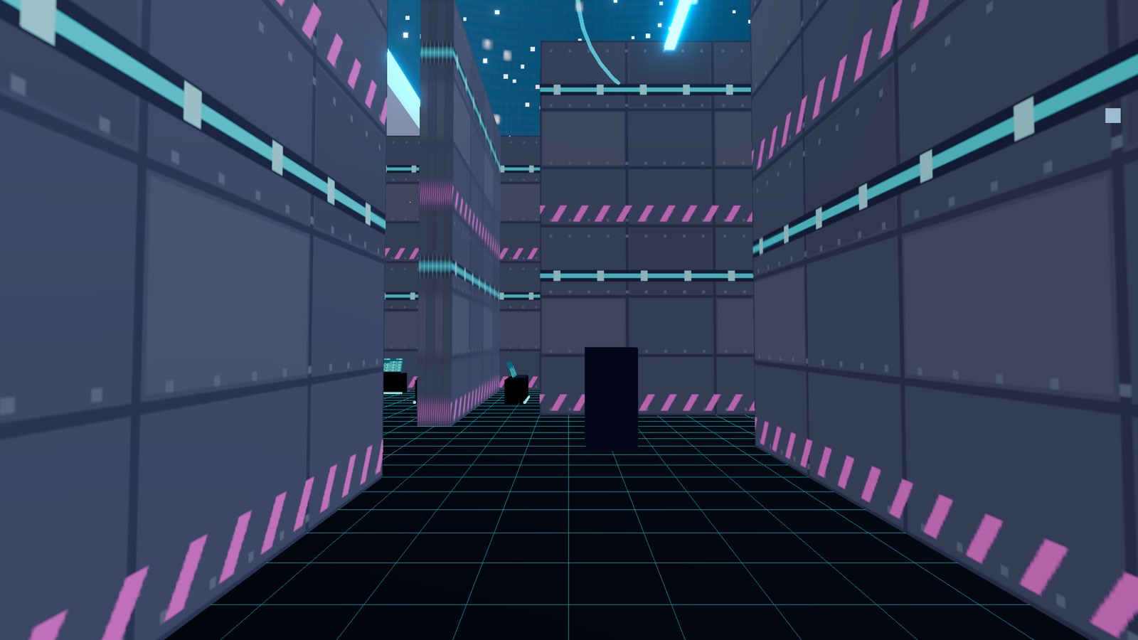 Space Station arena: a neon-lit corridor of hull plating with cyan light strips and pink hazard stripes, a platform ahead and a starfield skylight above.